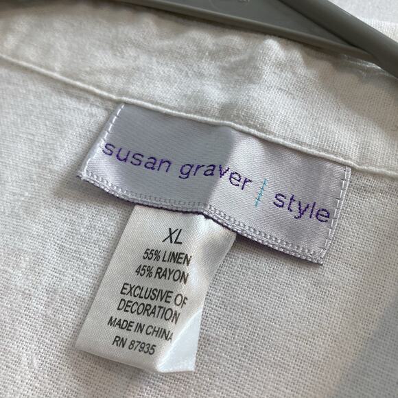 Susan Graver Women's White Linen Embroidered Button Up Shirt Size XL Boxy Boho - Picture 5 of 12